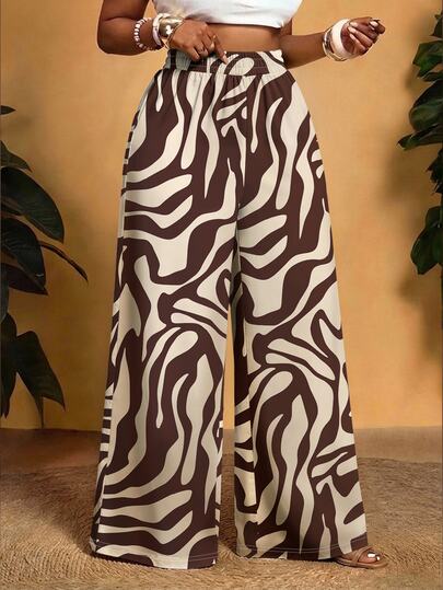 Slaydiva 2026 Autumn/Winter New Casual & Daily & Beach & Sand & Vacation & Vacation & Bonfire Party Brown Zebra Print Loose Extra Long Women's Plus Size Pants