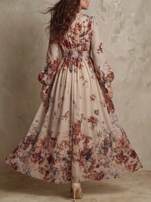 LUMIGAL 復古花卉印花優雅時尚收腰顯瘦A字通勤女裝洋裝 - 彩色 - 查看 2