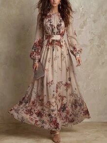 LUMIGAL 復古花卉印花優雅時尚收腰顯瘦A字通勤女裝洋裝 - 彩色 - 查看 5