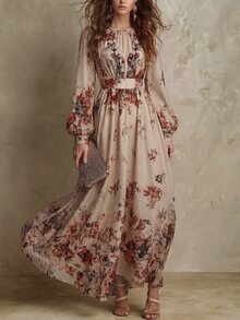 LUMIGAL 復古花卉印花優雅時尚收腰顯瘦A字通勤女裝洋裝 - 彩色 - 查看 1