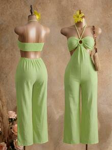 Zolique Women's Textured Halter Neck Tie Strap Metal Buckle Jumpsuit - Green - View 4