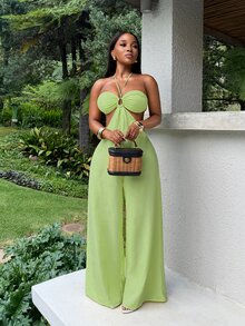 Zolique Women's Textured Halter Neck Tie Strap Metal Buckle Jumpsuit - Green - View 9