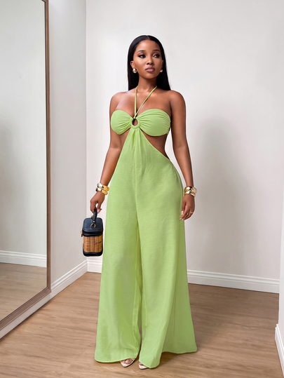 Zolique Women's Textured Halter Neck Tie Strap Metal Buckle Jumpsuit