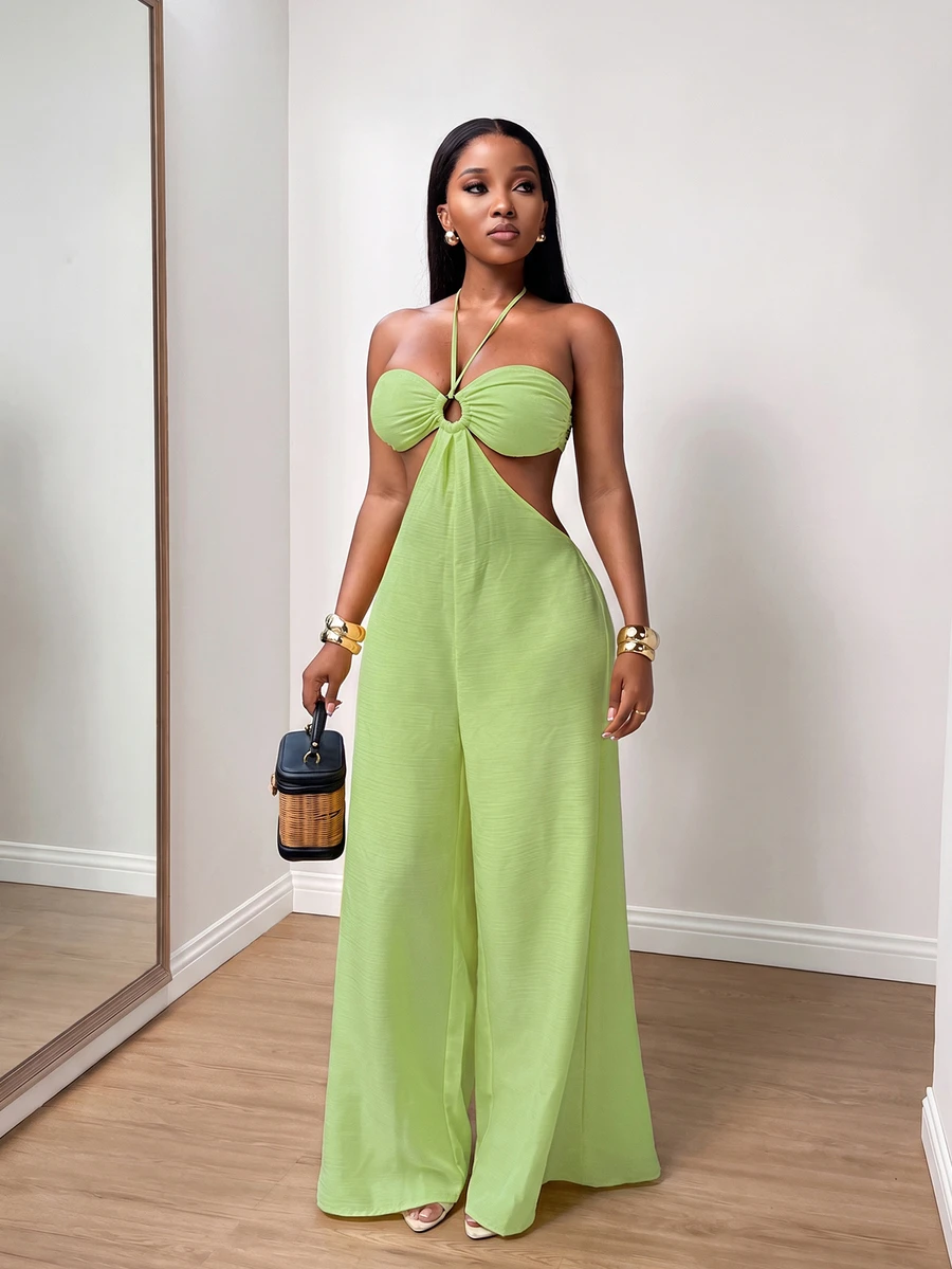 Zolique Women's Textured Halter Neck Tie Strap Metal Buckle Jumpsuit