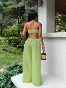 Zolique Women's Textured Halter Neck Tie Strap Metal Buckle Jumpsuit - Green - View 3