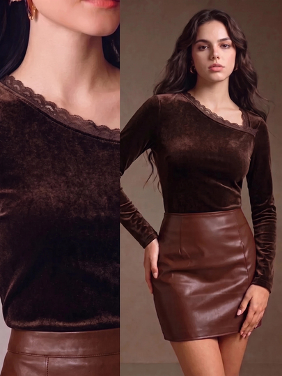 Anewsta Women's Autumn/Winter Long Sleeve Velvet One-Shoulder Brown Elegant Top T-Shirt Christmas Women's Clothing