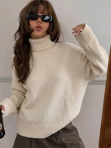 SHEIN Turn-Down Collar Straight Fit Autumn/Winter Pullover Sweater Everyday Home Cream Casual - Apricot - View 4