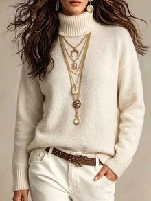 SHEIN Turn-Down Collar Straight Fit Autumn/Winter Pullover Sweater Everyday Home Cream Casual - Apricot - View 2
