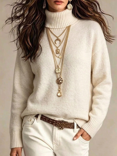 SHEIN Turn-Down Collar Straight Fit Autumn/Winter Pullover Sweater Everyday Home Cream Casual