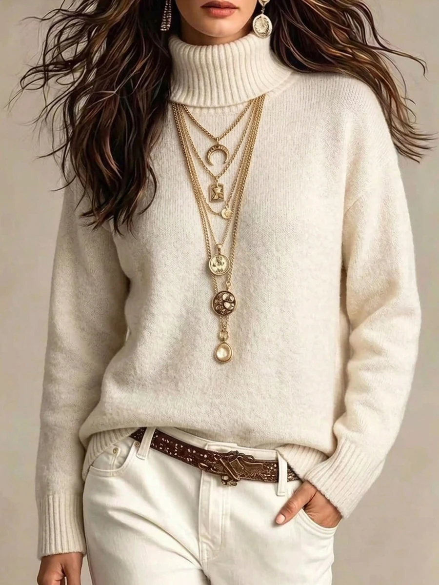 SHEIN Turn-Down Collar Straight Fit Autumn/Winter Pullover Sweater Everyday Home Cream Casual
