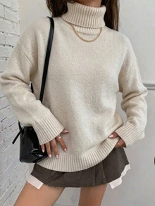 SHEIN Turn-Down Collar Straight Fit Autumn/Winter Pullover Sweater Everyday Home Cream Casual - Apricot - View 6