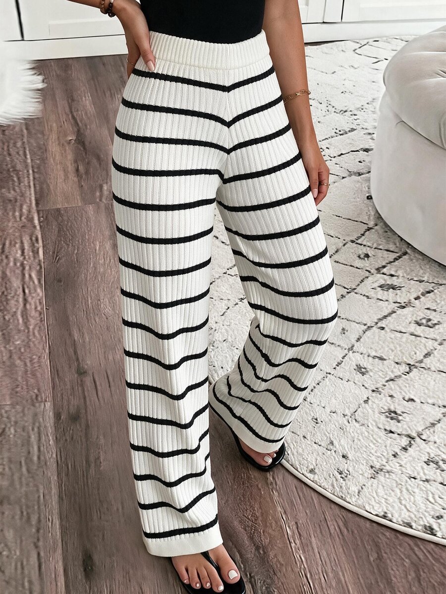 Louniche Striped Pattern Knit Pants - Black and White - View 1