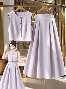 GlowEve CURVE Plus Size Women 2pcs Set Fashion Solid Color Elegant Round Neck Sleeveless Metal Button Tank Top And Long Pleated A-Line Skirt, Suitable For Spring/Summer Business Casual Commute - Dusty Purple - View 8