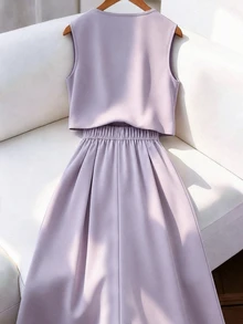 GlowEve CURVE Plus Size Women 2pcs Set Fashion Solid Color Elegant Round Neck Sleeveless Metal Button Tank Top And Long Pleated A-Line Skirt, Suitable For Spring/Summer Business Casual Commute - Dusty Purple - View 2