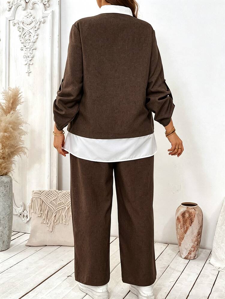 SHEIN EMERY ROSE CURVE Plus Size Women's Autumn Colorblock Shirt Long Sleeve Pants 2 In 1 Set Teachers' Day Office Brunch Chocolate Brown Casual Smart Fall - Brown - View 2