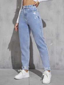 EMERY ROSE High Waist Ripped Mom Fit Jeans - Light Wash - View 3
