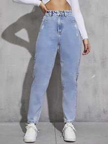 EMERY ROSE High Waist Ripped Mom Fit Jeans - Light Wash - View 4