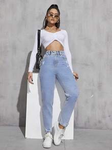 EMERY ROSE High Waist Ripped Mom Fit Jeans - Light Wash - View 6