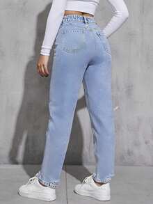 EMERY ROSE High Waist Ripped Mom Fit Jeans - Light Wash - View 2