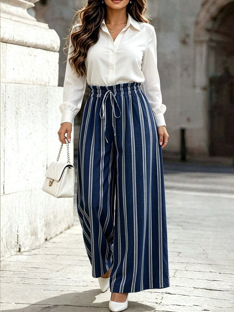 EMERY ROSE Women's Plus Size Striped Print Linen Slub Wide Leg Pants, Suitable For Vacation, Date, Daily Wear, High Waist Loose Fit Fall - Navy Blue - View 1