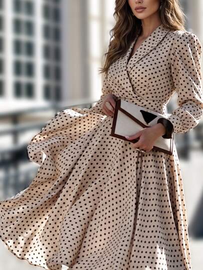 SHEIN Damen Herbst Neu Französisch Elegant Vintage Revers Langarm Taillenbetont Schlankmachend Aprikot Polka Punkt Muster Midi Kleid