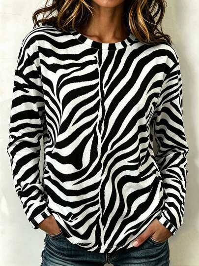 EMERY ROSE Plus Size Women Zebra Print Casual Daily Long Sleeve T-Shirt