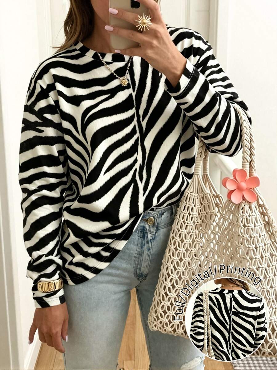EMERY ROSE تي شيرت نسائي مقاس كبير بطبعة زيبرا كاجوال يومي بأكمام طويلة - متعدد الألوان - مشاهدة 1