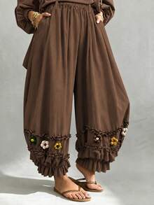 GlowEve CURVE Women's Plus Size Floral Ruched Brown Fashion Corset Capsule Wardrobe Pants Autumn Party Cocktail - Brown - View 1