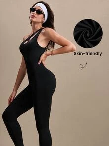 Eassivo Eassivo One-Shoulder Seamless Yoga Jumpsuit - Black - View 6