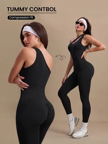 Eassivo Eassivo One-Shoulder Seamless Yoga Jumpsuit - Black - View 3