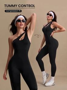 Eassivo Eassivo One-Shoulder Seamless Yoga Jumpsuit - Black - View 1