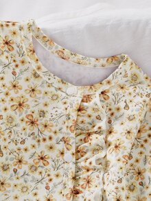 2-Pack Newborn Baby Girl Home Wear Cute Yellow Floral Print Frill Trim Long Sleeve Footed Romper With Headband 2-Piece Set - Yellow - View 5