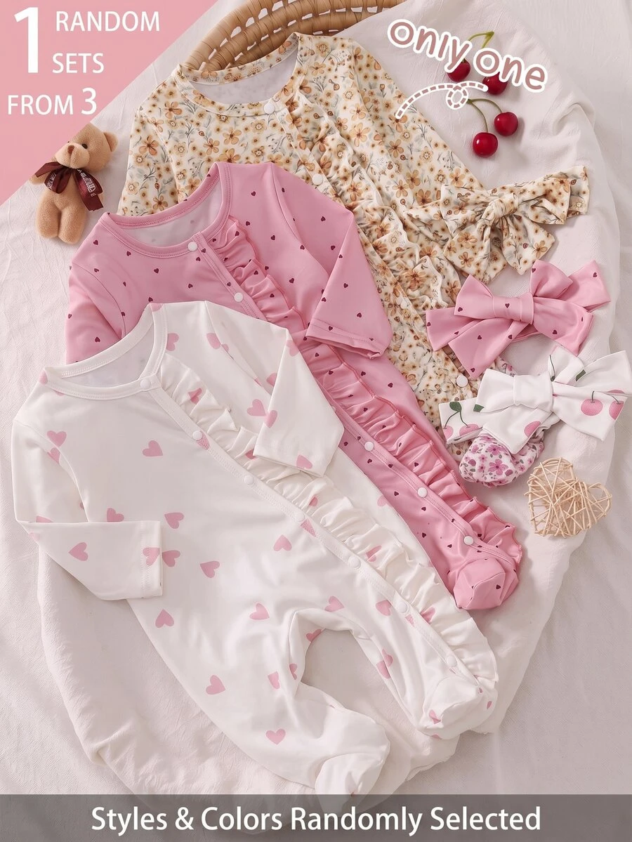 2-Pack Newborn Baby Girl Home Wear Cute Yellow Floral Print Frill Trim Long Sleeve Footed Romper With Headband 2-Piece Set - Yellow - View 1