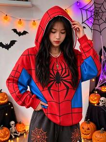 Teen Girls Spider Web Print Pullover Sweatshirt, Cute Red & Blue Contrast Color Loose Graphic Sweatshirt Autumn Winter - Multicolor - View 4
