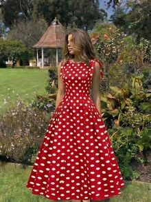 SHEIN MOD 女款復古波點印花百褶腰裙 - 紅色 - 查看 2