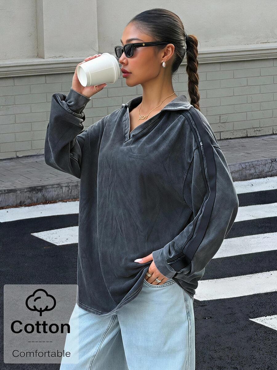 Muchica Women's Autumn New Black Vintage Washed Polo Collar Patchwork Webbing Loose Sweatshirt For Going Out, Streetwear,Fall Clothes For Women - Black - View 1