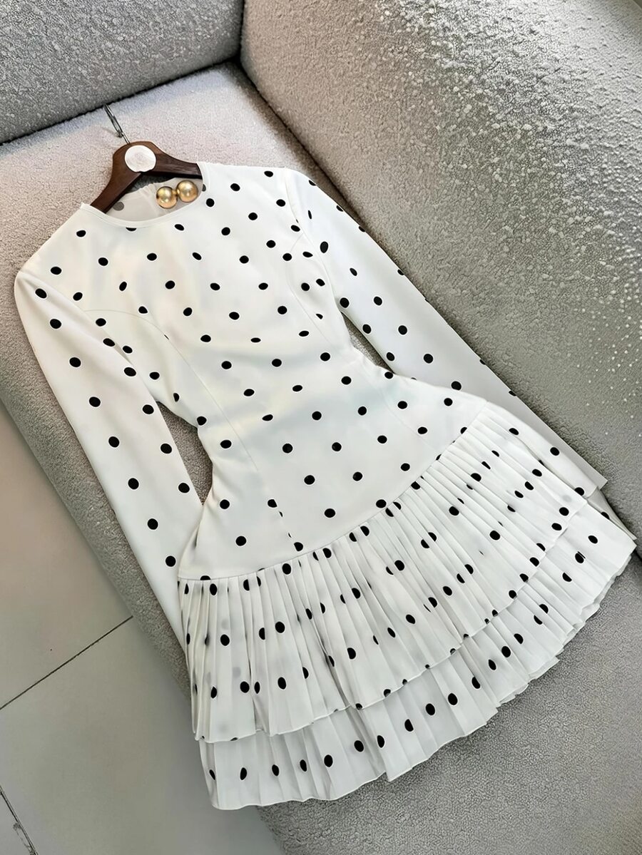 SHEIN Franclia Women's Elegant Black And White Polka Dot Dress For Daily Commute And Date, Double Layer Ruffle Hem - White - View 1