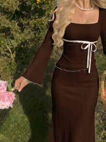 SHEIN MOD 女款棕色與白色兩件套：不對稱下擺上衣與低腰魚尾裙，蝴蝶結裝飾，度假秋季浪漫優雅 - 棕色 - 查看 3