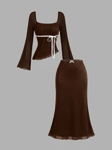 SHEIN MOD 女款棕色與白色兩件套：不對稱下擺上衣與低腰魚尾裙，蝴蝶結裝飾，度假秋季浪漫優雅 - 棕色 - 查看 4