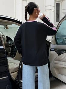 Muchica 女款新款秋季黑色拼色字母圖案拼接織帶休閒寬鬆長袖T恤 - 黑色 - 查看 2