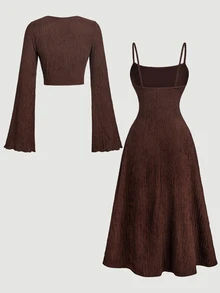 SHEIN MOD Women's Long Sleeve Tie-Front Top And Textured Camisole Dress 2 Pieces Set - Brown - View 3