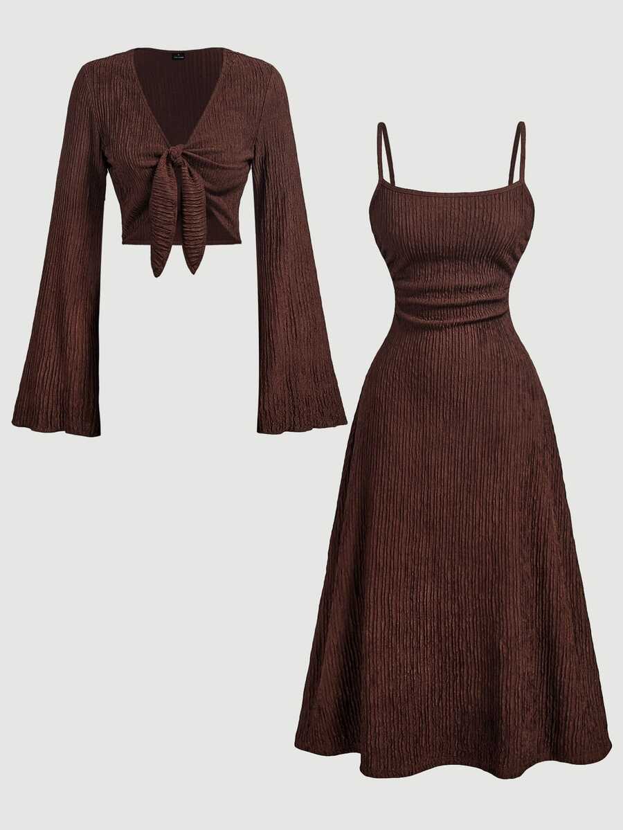 SHEIN MOD Women's Long Sleeve Tie-Front Top And Textured Camisole Dress 2 Pieces Set - Brown - View 1