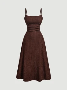 SHEIN MOD Women's Long Sleeve Tie-Front Top And Textured Camisole Dress 2 Pieces Set - Brown - View 5