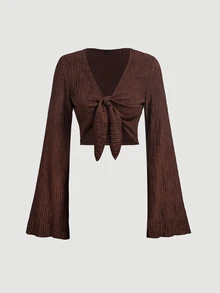 SHEIN MOD Women's Long Sleeve Tie-Front Top And Textured Camisole Dress 2 Pieces Set - Brown - View 8