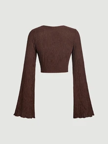 SHEIN MOD Women's Long Sleeve Tie-Front Top And Textured Camisole Dress 2 Pieces Set - Brown - View 7