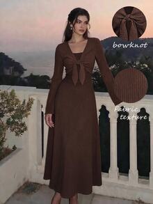 SHEIN MOD Women's Long Sleeve Tie-Front Top And Textured Camisole Dress 2 Pieces Set - Brown - View 2