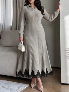 Modelyn Plus Size Women Heather Grey Collared Half Zip Long Sleeve Black Lace Trim Hem Fitted A Line Midi Knit Dress Fall Winter Wedding Guest Formal Gown - Camel - View 6