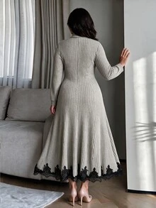 Modelyn Plus Size Women Heather Grey Collared Half Zip Long Sleeve Black Lace Trim Hem Fitted A Line Midi Knit Dress Fall Winter Wedding Guest Formal Gown - Camel - View 2