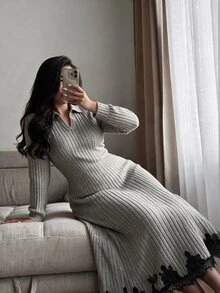 Modelyn Plus Size Women Heather Grey Collared Half Zip Long Sleeve Black Lace Trim Hem Fitted A Line Midi Knit Dress Fall Winter Wedding Guest Formal Gown - Camel - View 5