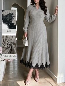 Modelyn Plus Size Women Heather Grey Collared Half Zip Long Sleeve Black Lace Trim Hem Fitted A Line Midi Knit Dress Fall Winter Wedding Guest Formal Gown - Camel - View 1